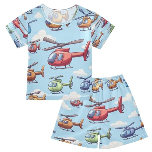 Pajama Sets Short Sleeve Helicopter Pattern Sky Background Soft Cotton Summer Sleepwear 2 Piece PJS Size 5-14T