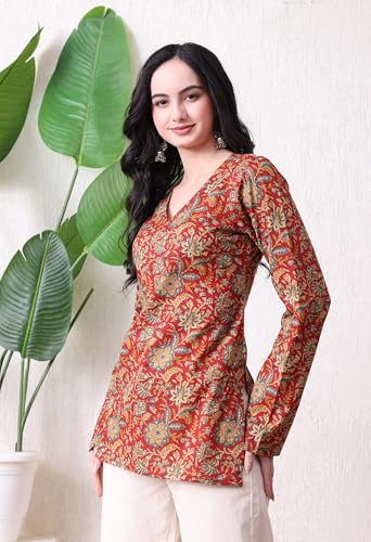 Image of MEERA FAB Women's Floral Printed Cotton Short Kurta | Floral Printed Kurta with Full Sleeves | Short Kurti for Women