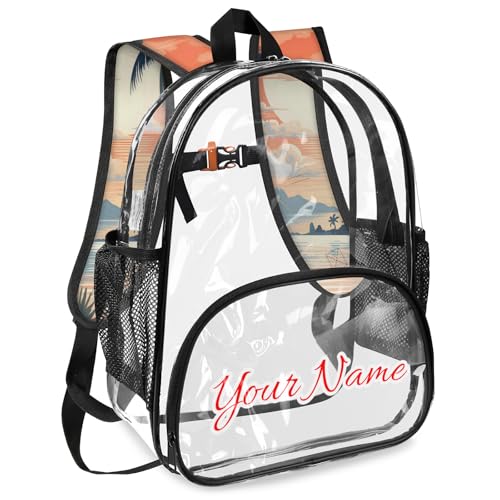 Personalized Large Clear Backpack Stadium Approved Heavy Duty PVC Plastic Custom Transparent Backpacks See Through Bag with Name, Ocean Beach Tropical Palm Leaves2