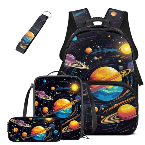 Gomyblomy Galaxy Backpack for Boys 4 Piece Kids School Bag with Lunch Bag for Elementary Middle School 17 Inch Large Capacity Teens Bookbag for Boys 8-12 12-14 with Pencil Case Keychain