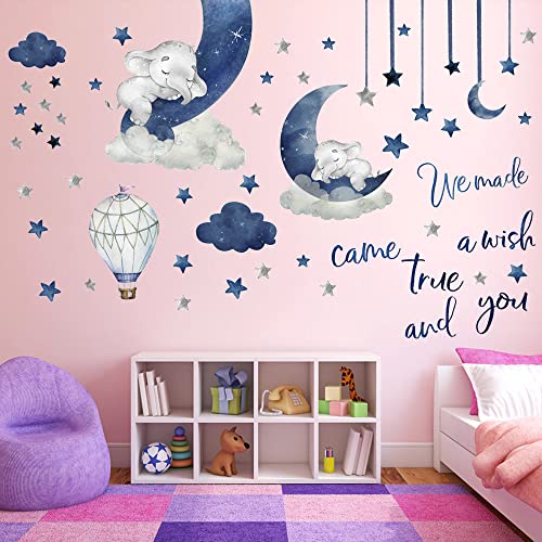 Dessin animé bleu bébé éléphant lune Stickers Muraux pour Enfants Fond Chambre DIY Décor Étanche Plancher Peintures Murales Cover