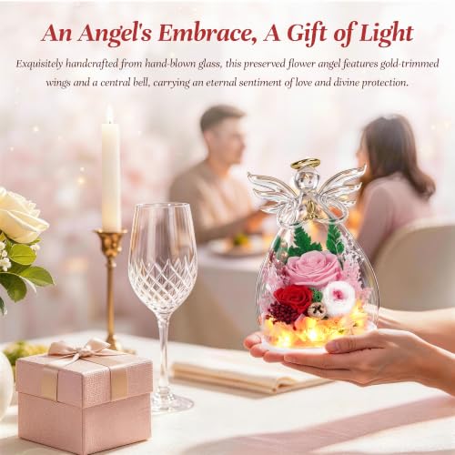 Image of encavy Birthday Gifts for Women,Fresh Flowers for Delivery,Preserved Rose Flowers in Angel Figurines,Light Up Angel Real Rainbow Roses for Mom Grandma Wife Her Girlfriend Anniversary
