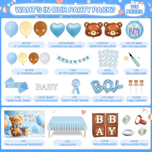 Image of Party Spot!Bear Baby Shower Decorations Boy,80 pcs Balloons,4 Wood Grain Blocks with Letter, inchWe can bearly wait inch Backdrop,Banner,Tablecloth,Balloon Pump, Blue Brown Bear Theme