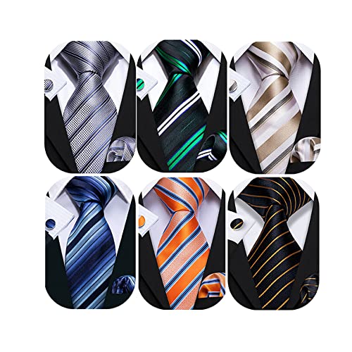 Image of Barry.Wang 6 PCS Men Ties Set Silk Business Fashion Woven Necktie Handkerchief Cufflinks Paisley Stripe Wedding Party