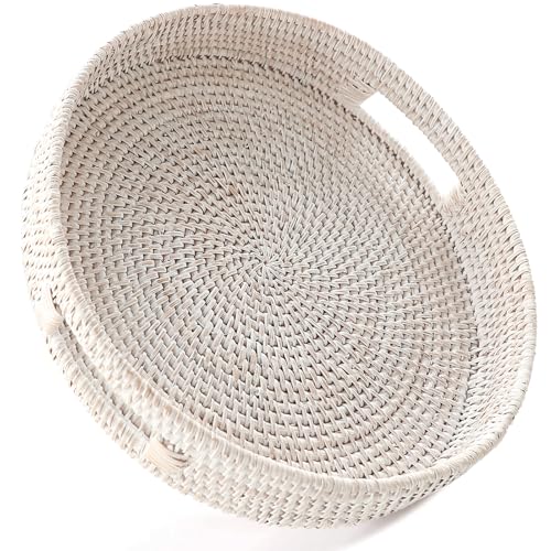 HITOMEN Bandeja Redonda de Mimbre Tejida a Mano de 11.8 Pulgadas, bandejas Decorativas de Mimbre con Asas para Mesa de café (Lavado Blanco-M)