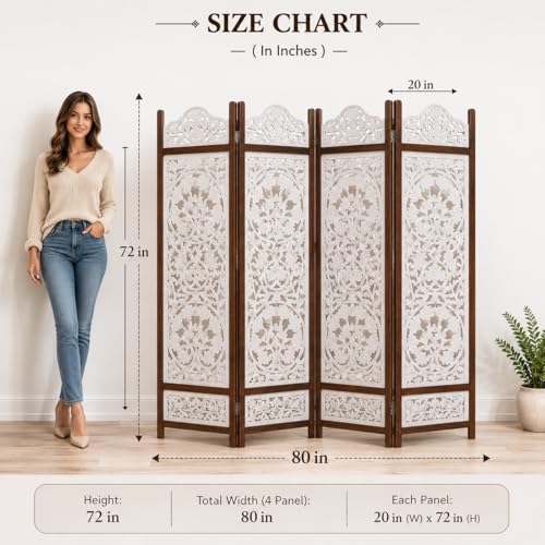 Image of Wooden Room Divider Decorative Foldable Privacy Screen Hand Carved Partition for Living Room Bedroom Office Decor (6 Feet 4 Panel Pearl White Each Panel Size 72X20 Inch)