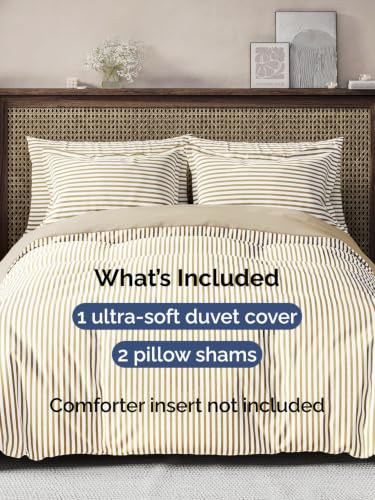 Image of Duvet Cover Oversized King - 3 Piece w / Zipper Closure - Beige Stripes