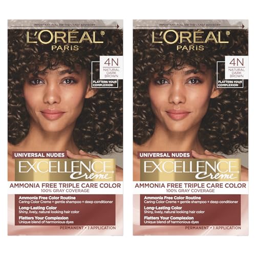 Image of L'Oreal Paris Excellence Universal Nudes Permanent Hair Color, Ammonia Free Hair Dye for Gray Hair Coverage, 4N Natural Dark Brown, 1 Kit (Pack of 2)