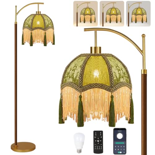 Image of AHDWDW Gold Vintage Floor Lamp for Living Room Bedroom,Arc Victorian Floor Lamps with Remote,Wood Standing Tall Lamp with Green Tassels Velvet Lampshade,Fringe Dimmable Modern Floor Lamp for Corner