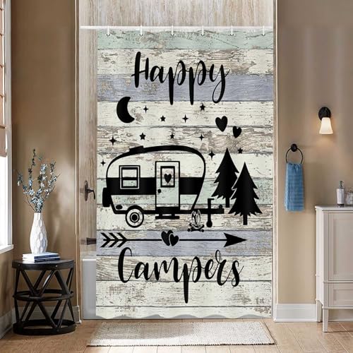 Bcsewcg Camper RV Shower Curtain for Travel Trailer Bathroom Small Narrow Shorter Fabric Shower Curtains for Campsite Outdoors RV Travel Hiking Hooks Include 47X64