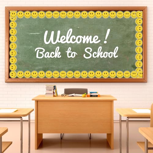 Image of Whaline 65.6 Ft Back to School Bulletin Board Border Smiling Face Trim Borders Non-Stick Yellow Paper Border Roll for Teachers' Day Classroom Chalkboard Decoration