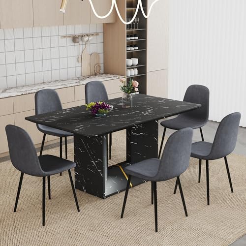Dining Table Set for 6, Kitchen Table and Chairs for 6, Black Fau...