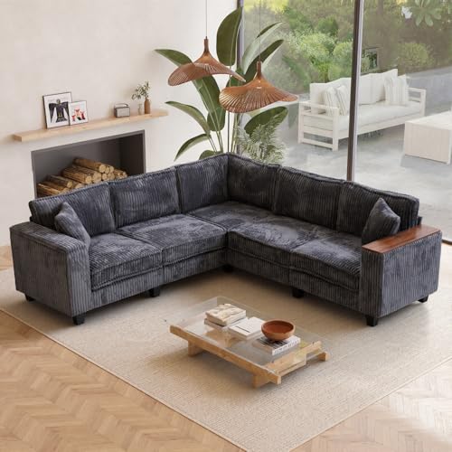 Image of 97 Inches Corduroy Couch with 2 Pillows Deep Seat Sectional Sofa Armrests with Two Hidden Storage Space Corner Couch Oversized L Shaped Cloud Couches for Living Room Grey