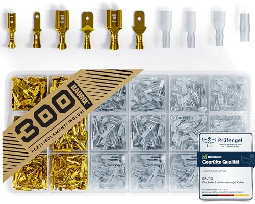 BAURIX® - Connettori Elettrici set 300 pezzi - 2,8 mm I 4,8 mm I 6,3 mm - Storage Box di Capicorda Elettrici - Connettori Isolati, Terminali Elettrici innesto femmina maschio, Capicorda a Crimpare