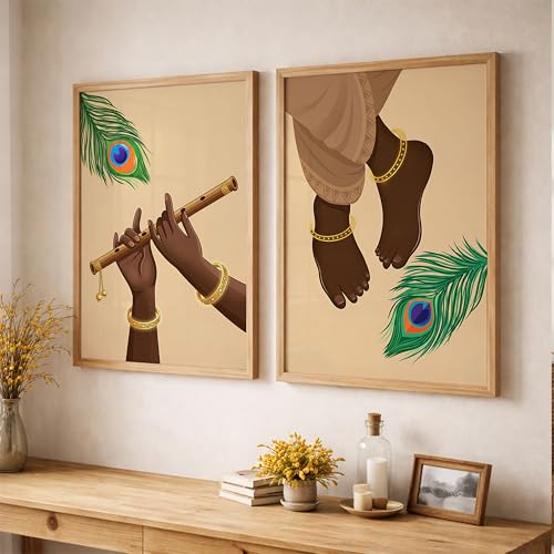 Image of Suneree Krishna Flute Hands Charan Feet Wall Art Painting | Set of 2 Framed Paintings | Spiritual Decor for Living Room Mandir Pooja Room Bedroom | (ART 6, 13x19 INCHES)