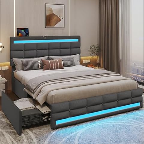 ADORNEVE Queen LED Bed Frame with 4 Drawers and 2 USB Charging Station, Upholstered Platform Queen Size Bed Frame with LED Lights Headboard Footboard, No Box Spring Needed, Dark Grey Cover
