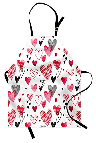 Ambesonne Valentine Apron, Different Types Of Heart Shapes Romance Love Theme Watercolor Striped Art, Unisex Kitchen Bib With Adjustable Neck For Cooking Gardening, Adult Size, White Black #TOP6