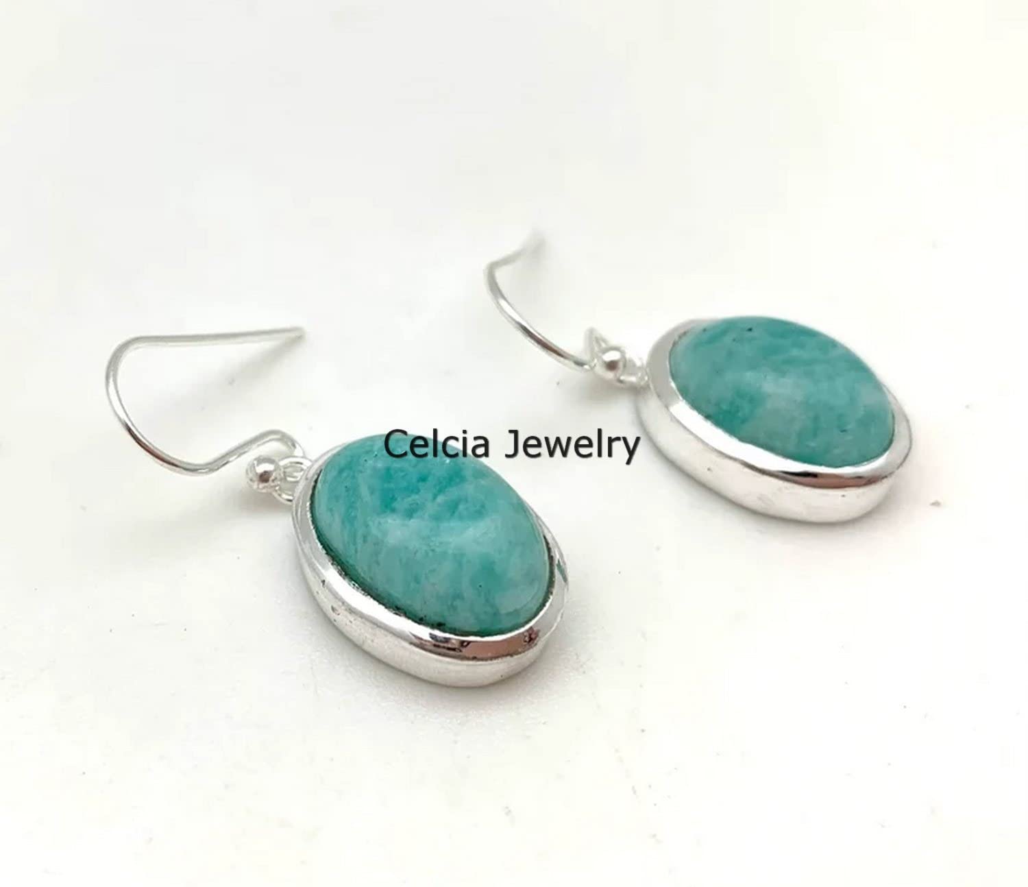 Pendientes colgantes de lágrima de plata de ley 925 auténtica para mujer, pendientes artesanales únicos de piedra preciosa azul natural de amazonita ovalada para ella