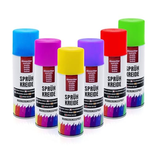 Spetebo Lot de 6 sprays de craie en spray soluble dans l'eau - 100 ml - 6 couleurs différentes - Spray de marquage liquide lavable - Marqueur rouge jaune vert rose...