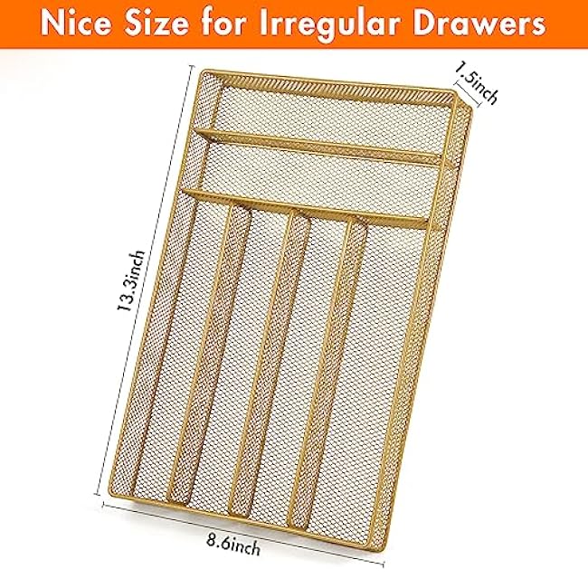 Kitware Silverware drawer organizer, Gold Kitchen Utensil Mesh Metal, Living Room Bedroom Beauty Item Dividers