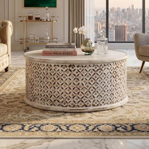 Image of Wooden Coffee Table for Living Room | Handcrafted Solid Wood Round Center Table with Carved Jaali Design | Coffee Table for Home Decor | Tea Table for Bedroom & Office (White Rustic)
