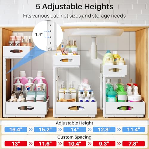 Image of Under Sink Organizer, 2 Tier Pull Out Under Cabinet Organizer Shelf with Pad for Framed Cabinets, Metal Slide Out Under Sink Storage, Mesh Sliding Drawers for Kitchen Bathroom Laundry(White, 1 Pack)
