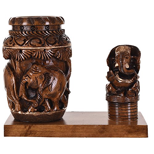 Image of Craft Trade Wooden Pen Stand - Decorative Elephant Engrave Pencil Holder with Ganesha Statue Show Piece Office Decor Desk Organizer Aesthetic Accessories