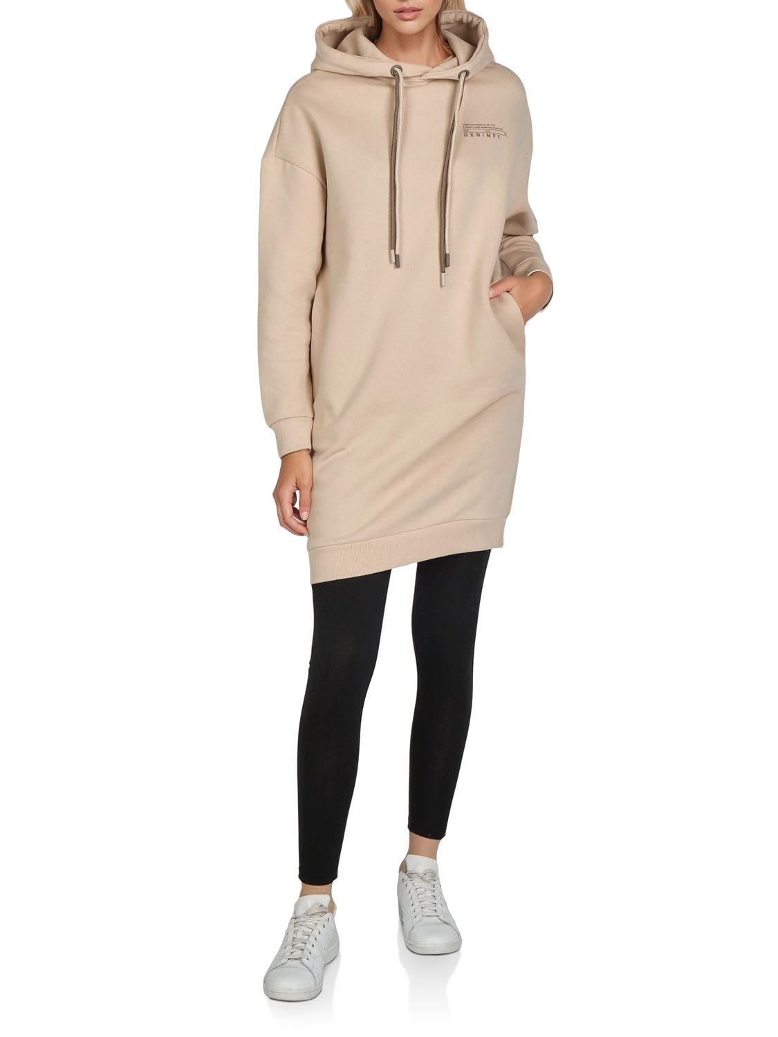 DENIMFY Hoodie Damen lang Oversized DFAnna Kapuzenpullover Pullover Sweatkleid Kapuzenkleid Streetwear Print Beige Schwarz Grün S M L XL XXL 3XL