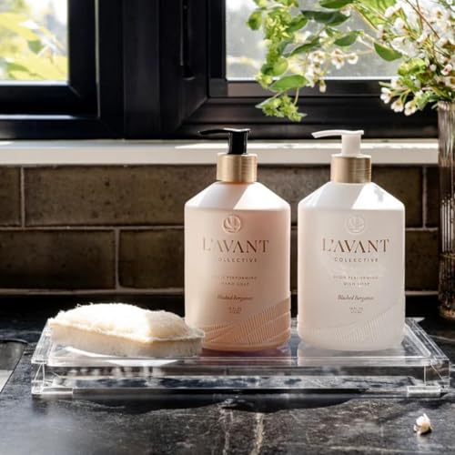 Image of L'AVANT Collective Luxury Home Essentials High Performing Dish Soap, Hand Soap, Multipurpose Cleaner Spray, Scrub Brush, Lucite Tray Luxurious Ingredients Reusable Bottles (Blushed Bergamot)