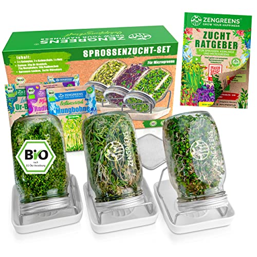 ZenGreens - Bio Sprossenglas im 3er Set + KRESSESIEB - (inkl. Bio Sprossen Samen und Gratis Videokurs) - Sprossenglas Keimglas Set - Keimglas für Sprossen Zucht - Keimschale - Microgreens Cover