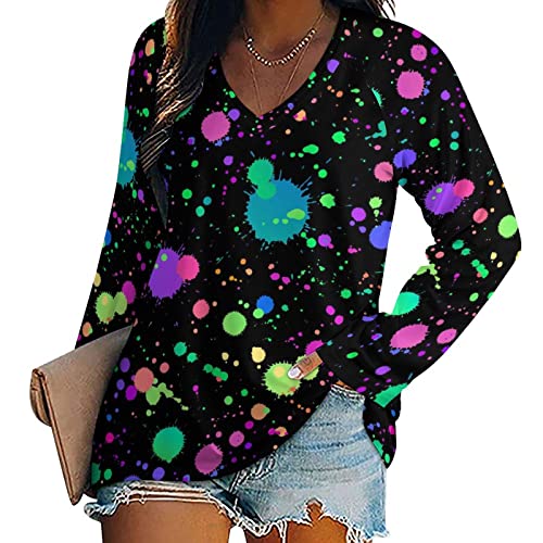 Glow in Dark Splatter Neon Long Sleeve Shirts for Women Fashion V Neck T-Shirt Women's Fall Tops