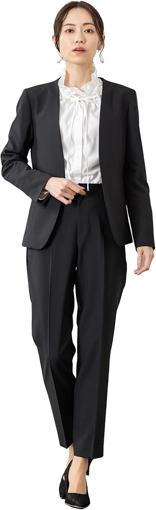 Amazon | パンツスーツ セットアップ ノーカラージャケット 洗える 消