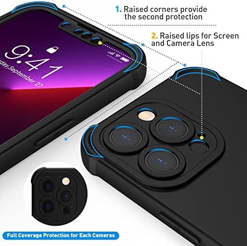 ORETech 360 Shockproof iPhone 13 Pro Case, with [2 x Tempered Glass Screen Protector][Camera Protection][Military Grade Protective] Full Body Thin Slim Fit Rubber Bumper 13Pro Phone Case Cover - Black