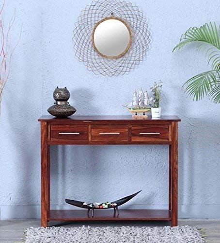 Image of Solid Sheesham Wood Console Table for Living Room | Entryway Hallway Sofa & Fish Tank Table with 3 Drawers & Shelf Storage | Wooden Side Furniture | Honey Finish