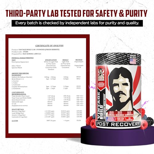 Old School Labs Vintage Build Post-Workout Recovery Powder Drink with BCAAs, Creatine & L-Glutamine to Support Muscle Recovery & Strength for Men & Women – Fresh Berries, 30 Servings - Thumbnail 6