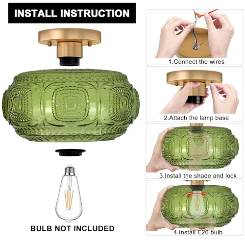 Image of 11 inch Art Deco Glass Semi Flush Mount Ceiling Light Fixture, Green