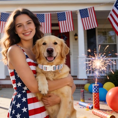Image of Forth of July Dog Collar, 4th of July Comfortable Cotton Dog Collar, American Flag Collar for Puppy Girl Boy Dog or Cat, Patriotic Bowtie Collar with Metal Buckle, M