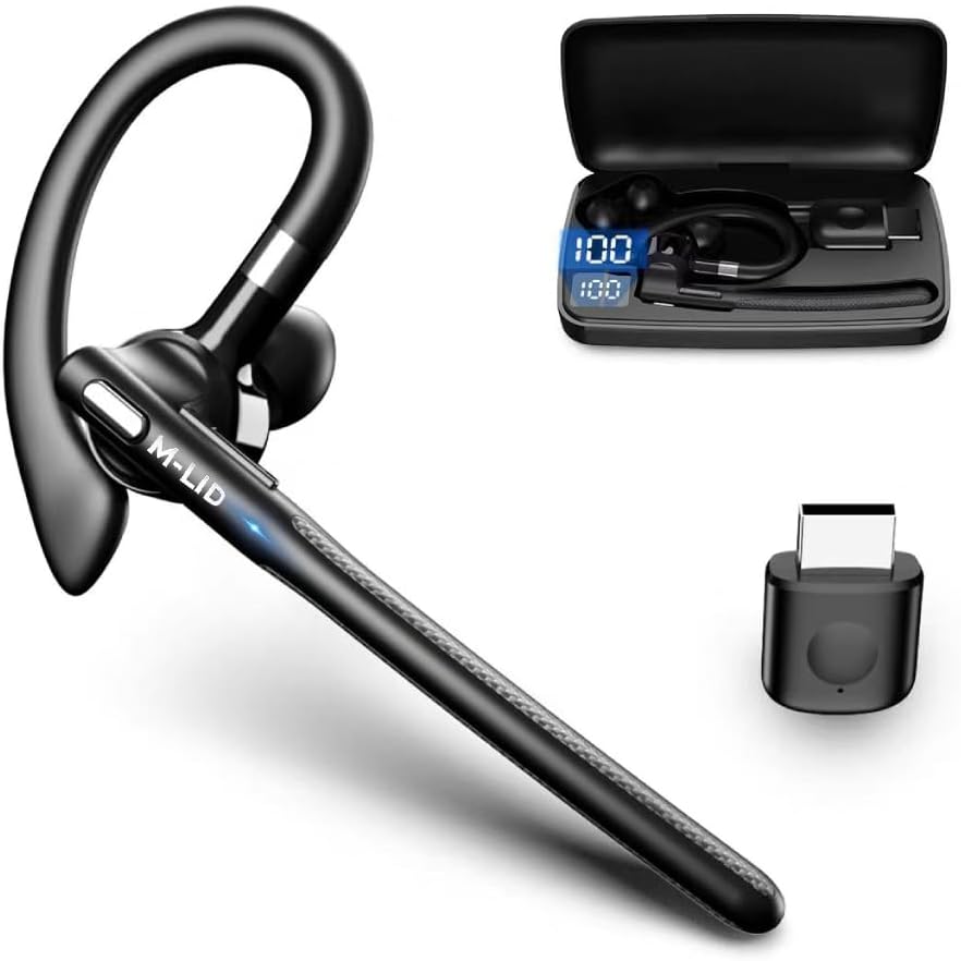 M-LID Bluetooth Headset for Drivers with Mic, HD Voice ENC Noise Cancelling, 180° Rotatable Ear Hook, IPX6 Waterproof, 24H Talk Time, Type-C Fast Charging for Truckers & Office Calls
