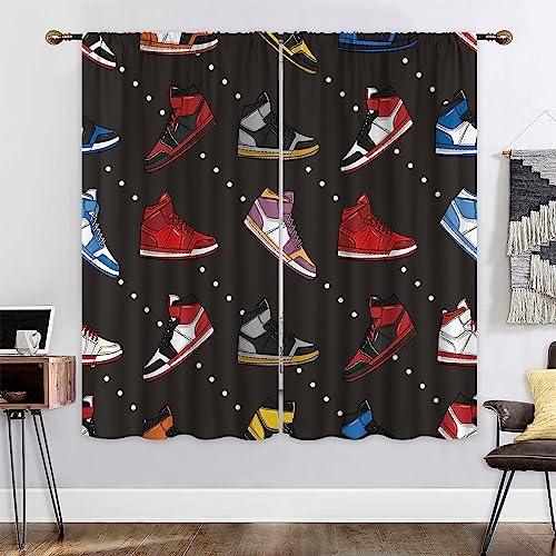 Mitpok Retro Basketball Shoes Curtains For Boys Bedroom Decor 42Wx63H Inch Rod Pocket Red Black Sneaker Footwear Sports Colorful Modern Cool Kid Teen Men 2 Panel Window Treatment Set For Living Room #TOP1