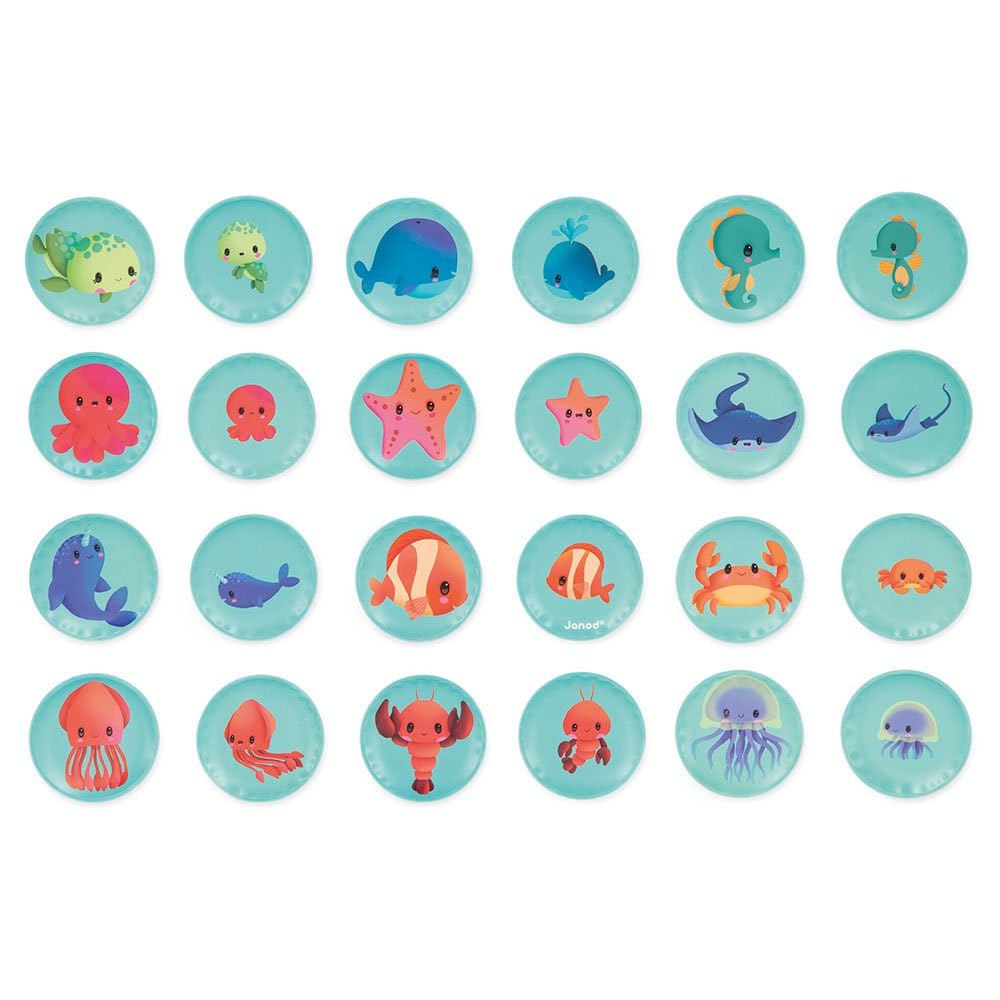 Janod - Gioco di Memoria Cuccioli - Gioco da Bagno - 24 Pezzi Galleggianti - Gioco di Memoria per Bambini - Giocattolo Evolutivo - dai 24 Mesi, J04723