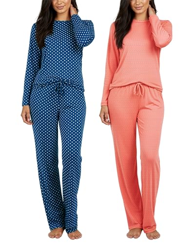 Real Essentials 2 Pack: Women's Comfy Pajama Sets - Short & Long Sleeve Ladies Loungewear Sleepwear PJs (Available In Plus)(Set A Blue & Red, Medium)