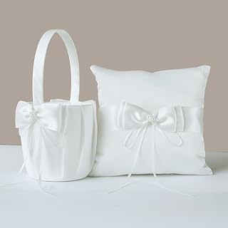 Stafuni Flower Girl Basket and Ring Bearer Pillow Set, Double Pearl Bow Handmade Series Wedding Ring Pillow Set - Ivory