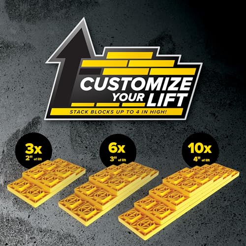 Camco Fasten RV Leveling Blocks - Features Interlocking Design for Customizable Height - Carrying Handle Twists to Secure Blocks for RV Storage - 8.5” x 8.5” x 1”, Yellow, 10-Pack (21022) by Camco - Image 2