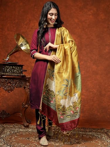 Image of EthnicJunction Women's Cotton Blend Kurta Pant Dupatta Set with Digital Print Dupatta | Karva Chauth Special Kurta