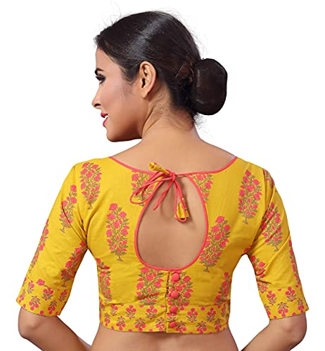 Image of Studio Shringaar Women's Yellow Jaipuri Block Printed Pure Cotton Readymade Saree Blouse with Elbow Length Sleeves