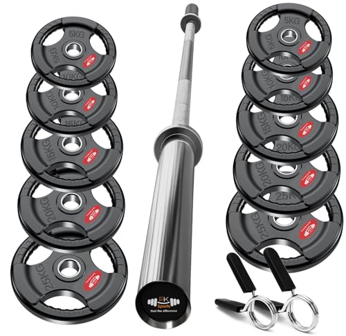 FK Sports Olympic Barbell Weights Set 65KG|100KG|150KG Cast Iron Tri-Grip Weight Plates with 4FT|5FT|6FT|7FT Barbell - 2inch Complete Strength Training Weight Set for Home Gym (65KG SET + 5FT BAR)