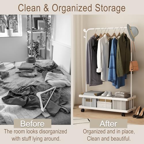 Image of Story@Home Freestanding Metal Clothes Hanging Stand with Wheels, Bottom Storage Shelf & Coat Hanger | Heavy-Duty Garment Rack for Bedroom, Laundry, Entryway & Living Room - White