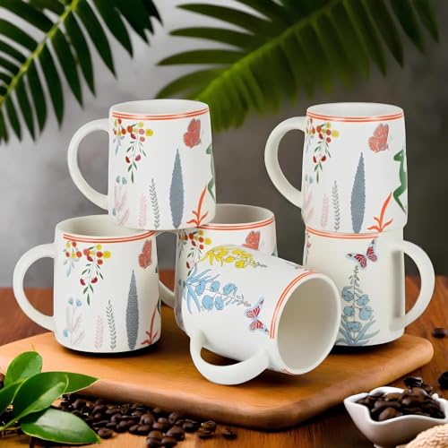 Image of CRAF10 Green Stag Ceramic Coffee /Tea Mugs - Set of 6, 330 ML Each, Elegant & Durable, Microwave & Dishwasher Safe