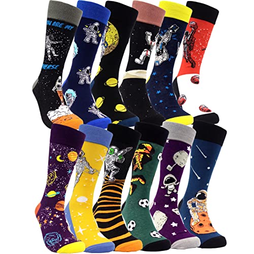HSELL Mens Funny Pattern Dress Socks Crazy Design Cotton Socks Novelty Gifts for Men, 12 Pairs - Astronaut Assorted, One size