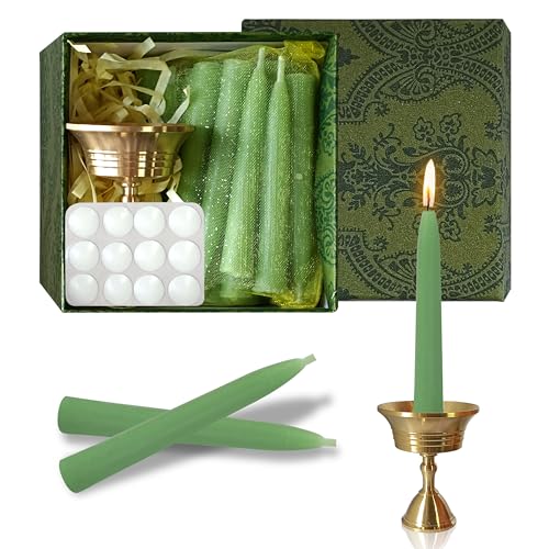 30 Minute Meditation Candle Seasalt & Sage Scented Mini Taper Candles with Brass Holder & Candle Sticky Dots, Green Meditation Candles for Ritual Prayer Yoga Relaxation, 30PCS